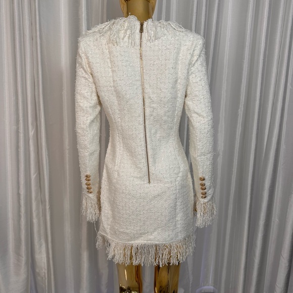 White Tweed Mini Dress Gold Buttons Sz 0 - Picture 8 of 8